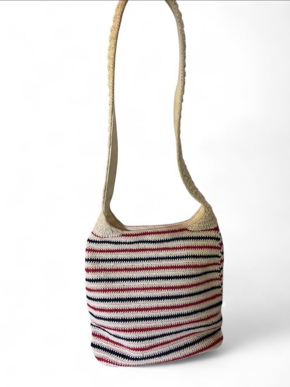 Vintage Villager Liz Clairborne Striped Knit Crochet Shoulder Bag- 90s Boho